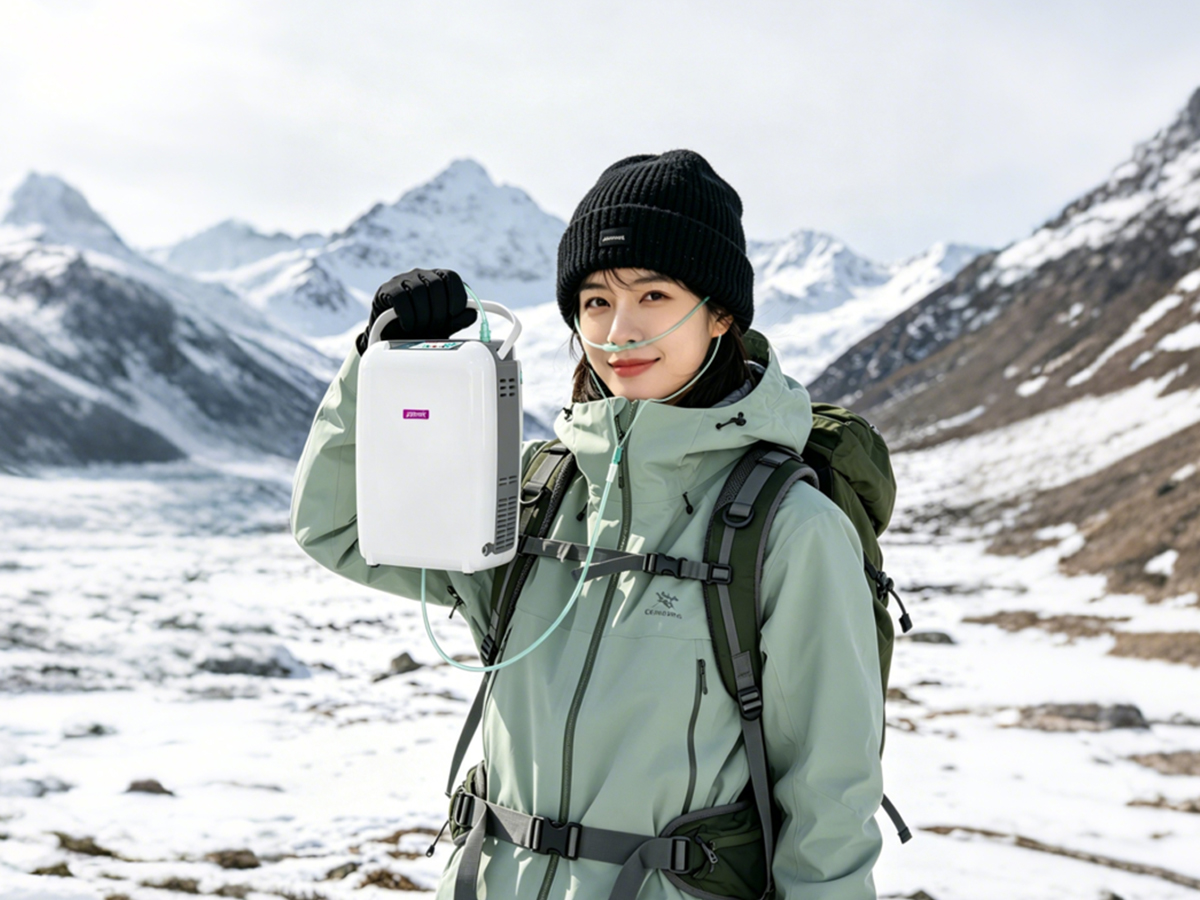 高原徒步场景：雪山背景下徒步者手持便携式制氧机辅助补氧